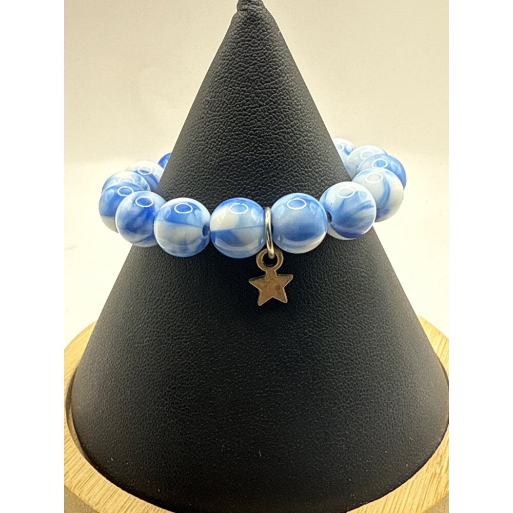 Blue & White Swirl Beaded Stretch Bracelet With Star Charm
